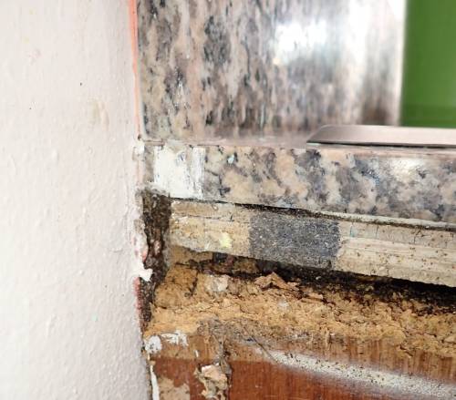 Figure 3: Structural deterioration plays a significant role in contributing to cockroach infestations. Damaged cabinetry, such as this decaying particle board, should be replaced or repaired. Photo credit: Josh Shoemaker
